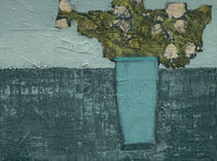 Peach Wildflowers in Teal Vessel, 9"h x 12"w